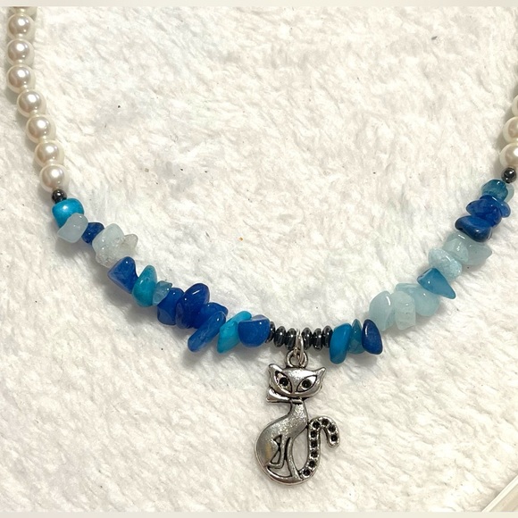 swarovski pearls beads and quartzite aqua mix chips stone choker necklace - Picture 6 of 8